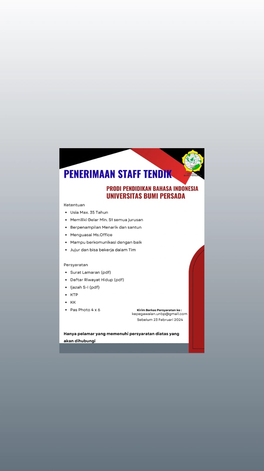 Penerimaan Staff Tendik UNBP Prodi PBI 2024