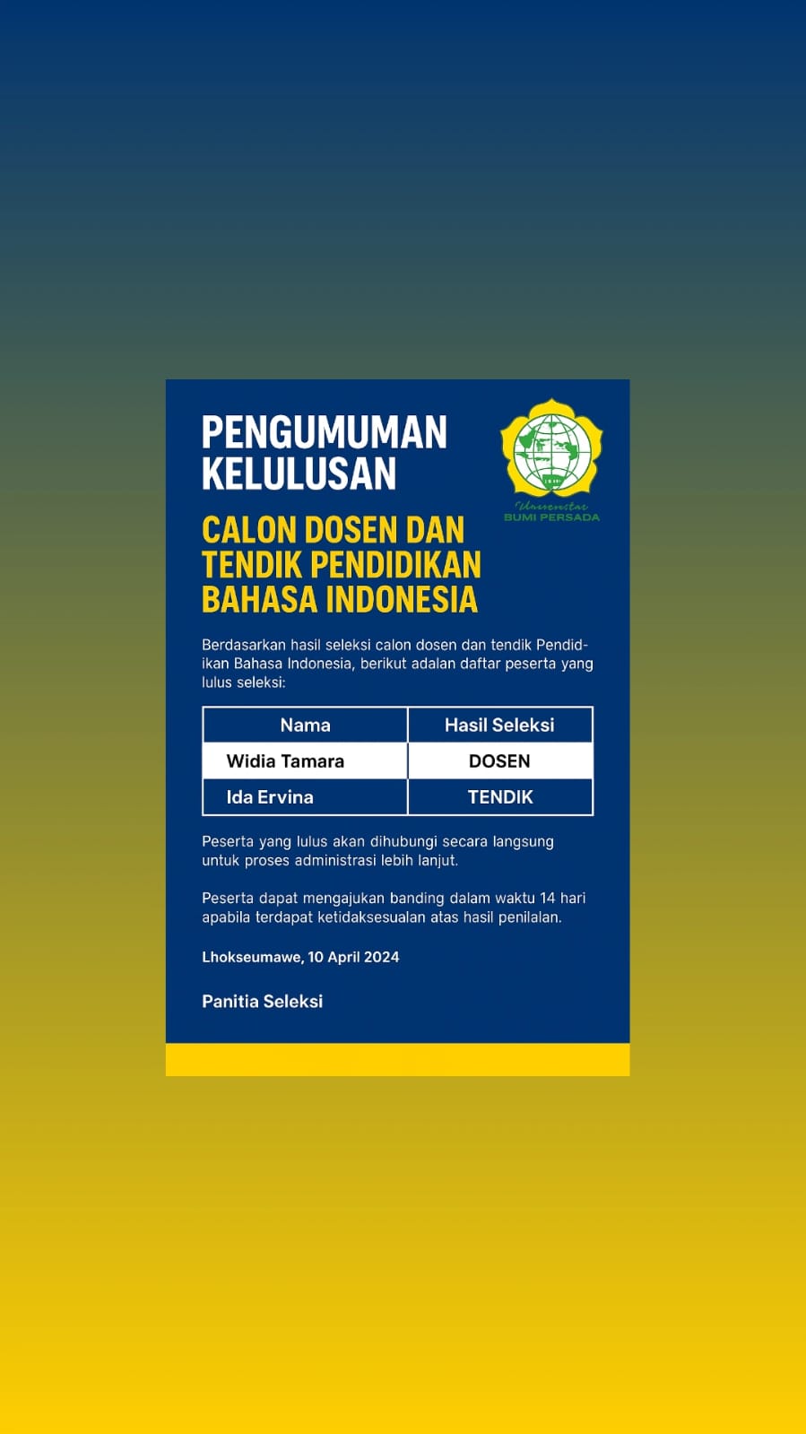 Pengumuman Hasil Seleksi Calon Dosen dan Tendik Prodi Pendidikan Bahasa Indonesia